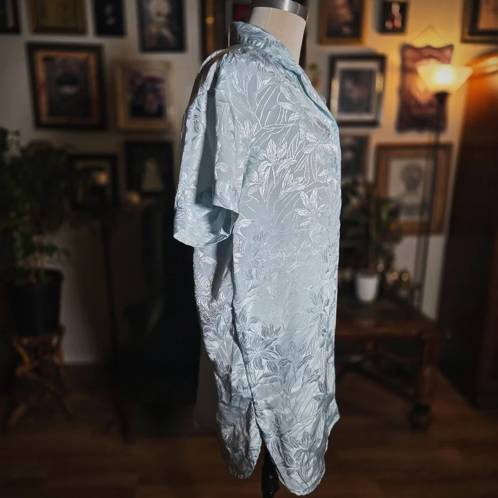 Vintage 90s Lauren Rogers Blue Floral Jacquard Button Down Night Shirt
